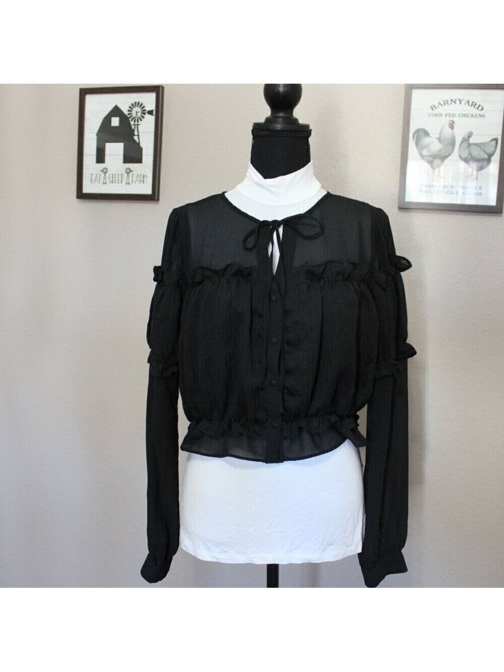 Line & Dot Womens Black Sheer Ruffle Button Down Cropped Blouse Size Medium NWT